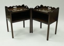 A pair of modern mahogany tray top night tables in the George III manner with open recess on square
