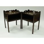 A pair of modern mahogany tray top night tables in the George III manner with open recess on square