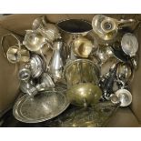 A box of assorted plated wares to include candlesticks, biscuit barrel, various trays, etc.