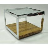 A Richard Young for Merrow Associates chrome framed low table of square form with glass toped Rio