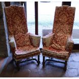 A pair of Victorian oak hall chairs of small proportions in the 17th Century taste