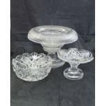 A selection of various cut glassware to include a table centre with folded rim,