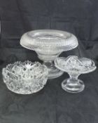 A selection of various cut glassware to include a table centre with folded rim,