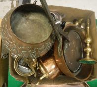 A box of assorted metal wares to include copper frying pan, copper kettles,