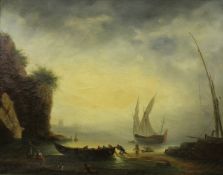 PIETER MULIER (1632-1701) "Boats and Figures on Shoreline", oil on canvas, unsigned,