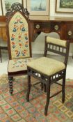 A Victorian rosewood prie a dieu chair with needlework back and seat together with a late Victorian