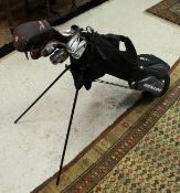 A golf bag and contents of various clubs including deep red irons x 7, 4 x woods,