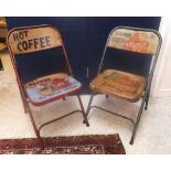 A set of five painted metal folding chairs each individually painted with advertising designs