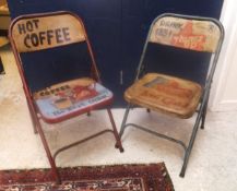 A set of five painted metal folding chairs each individually painted with advertising designs