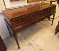 A George III mahogany and satinwood banded square piano converted to a three drawer side table,