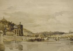 C C PYNE "Lyons Cathedral on the Rhone" watercolour,