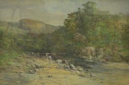 CHARLES BROOKE BRANWHITE (1851-1929) "Figures walking alongside river's edge with rocky hills in