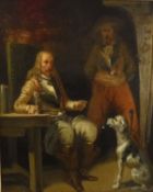 A R 1837 "Faithful companion", two figures in a tavern with dog to foreground, oil on board,