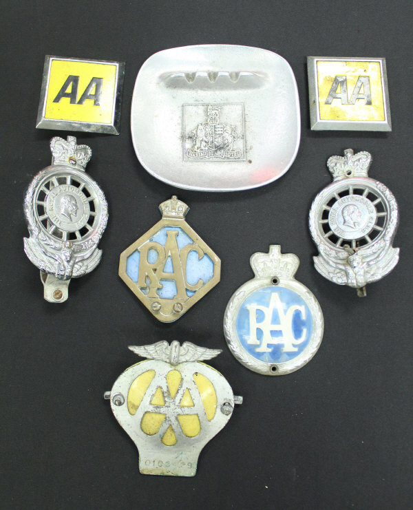 Two Royal Automobile Club car badges numbered MC16149 and MC0018, two further RAC badges,