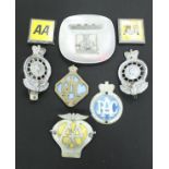 Two Royal Automobile Club car badges numbered MC16149 and MC0018, two further RAC badges,