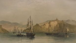 AFTER O W BREARLY "Troop Ships Becalmed off Balaclava" lithograph by T G DUTTON,