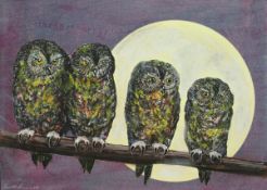 IVOR ABRAHAMS "Night Owls", gouache and ink on paper, signed lower left,