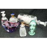 A modern glass ship in a bottle, five various jars and covers, art glass vase,