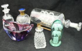 A modern glass ship in a bottle, five various jars and covers, art glass vase,