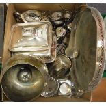 A box of various plated wares including turens, tray, teawares, large 'goblet' vase etc.