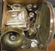 A box of various plated wares including turens, tray, teawares, large 'goblet' vase etc.