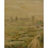 KATO MORITA 1870-1930 "Rice Pickers in a Field with Mount Fuji in the Distance" circa 1900