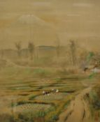 KATO MORITA 1870-1930 "Rice Pickers in a Field with Mount Fuji in the Distance" circa 1900
