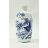 An 18th Century Chinese blue and white rouleau vase decorated with fisherman and boat by water's