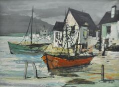 BIRO "White-washed fisherman's houses and fishing boats by water's edge", oil on canvas,