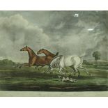 AFTER SAMUEL ALKEN "Horses in a thunderstorm" and "Horses chased by a spaniel", coloured aquatints,