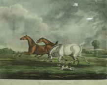 AFTER SAMUEL ALKEN "Horses in a thunderstorm" and "Horses chased by a spaniel", coloured aquatints,