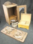 A selection of various treen ware to include smoker's cabinet, ship's wheel watch/pen stand,