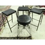 A set of three metalliform stools and a chrome framed circular adjustable stool