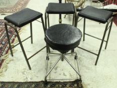 A set of three metalliform stools and a chrome framed circular adjustable stool