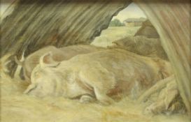 PETER SOKSLOV EDWARDS "Resting Whites", a study of pigs under corrugated iron, oil on board,