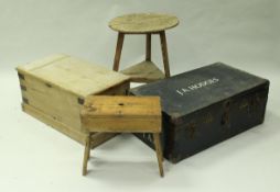 A 19th Century pine cricket table of typical form, a pine trestle stool, pine tack box,