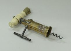 A circa 1830's Thomason type rack and pinion corkscrew with ivory handle, mounted with brush,