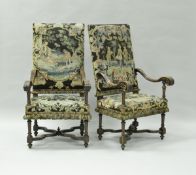 A pair of William and Mary walnut framed hall chairs,