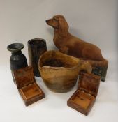 A collection of various treen ware to include two 19th Century Indian flasks,