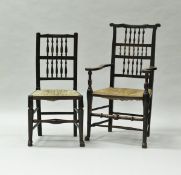 A composite set of eleven 19th Century north country spindle back rush seat chairs on turned legs