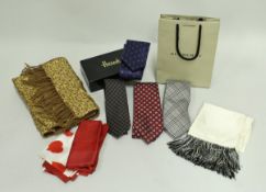 A box of various silk and other ties, to include Harrods, Pakeman Catto & Carter, Louis Vuitton etc,