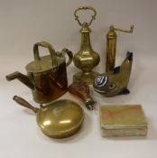 A modern copper powder flask in the 19th Century American manner, a shot mould, brass watering can,