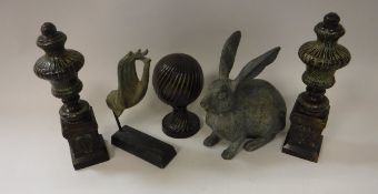 A collection of five items of various metalware to include verdigris patinated bronze model of the