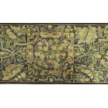 A 19th Century needlework panel depicting fruit and scrolling decoration on a navy ground within a