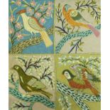 A crewel work rug of tiled decoration each depicting a colourful bird to include stylised hoopoe,