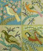 A crewel work rug of tiled decoration each depicting a colourful bird to include stylised hoopoe,