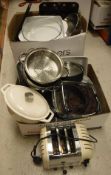 Two boxes of assorted kitchen wares to include colander,