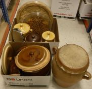 Two boxes of assorted sundry stoneware kitchen jars,