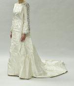 A vintage mid 20th Century Belinda Bellville raw silk wedding dress with heavy beading and sequins