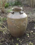 A pair of modern glazed pottery garden urns in the antique manner,